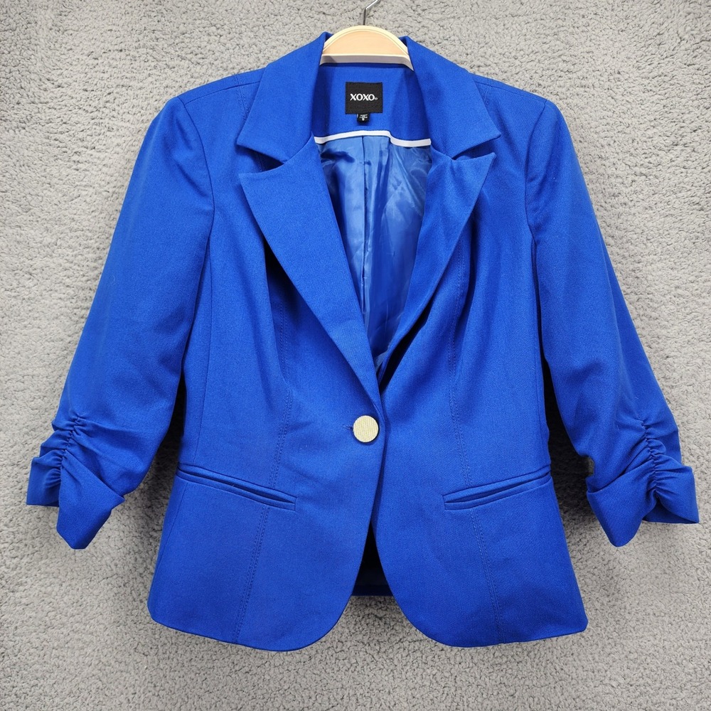 XOXO Womens Cobalt Blue Ruched 3/4 Sleeve One Button Blazer Size Small